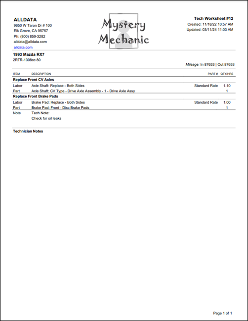 tech worksheet example